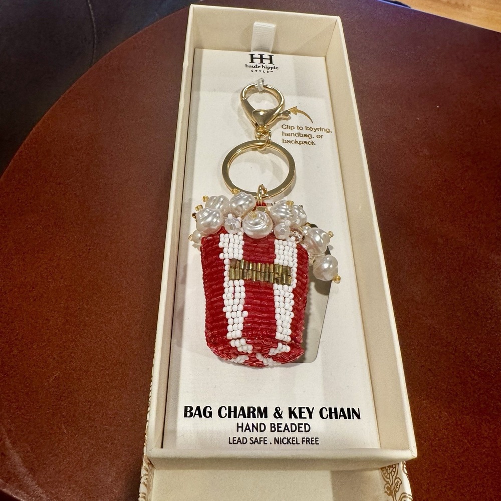 Haute Hippie Beaded Popcorn Bag Charm/Key Chain. NWT And‎ Box. Red And White. - Picture 6 of 7
